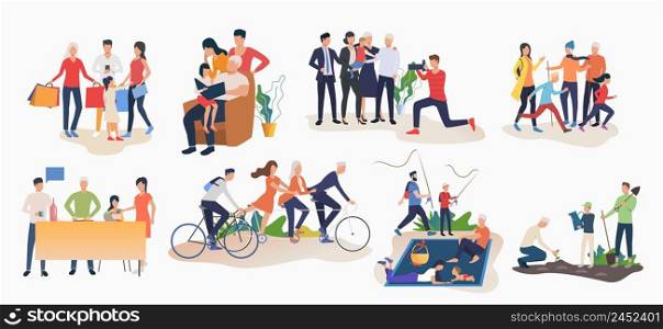Set of family activities. Children and parents cycling, doing shopping, going fishing, gardening. Leisure concept. Vector illustration can be used for topics like summer, people, hobby. Set of family activities
