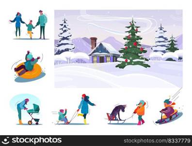 Set of family having fun during winter holidays. Flat vector illustrations of people skating, riding on sledges, laughing. Winter holidays concept for banner, website design or landing web page