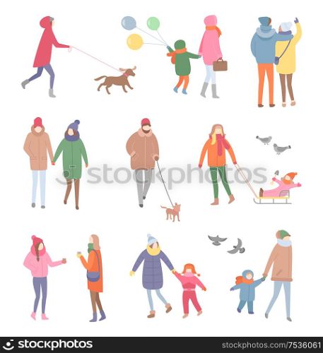 Set of family in jacket with scarf and hat walking with children and dog. People with back and side view isolated on white vector, characters at wintertime. Set of Walking People in Winter Vector Isolated