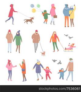 Set of family in jacket with scarf and hat walking with children and dog. People with back and side view isolated on white vector, characters at wintertime. Set of Walking People in Winter Vector Isolated