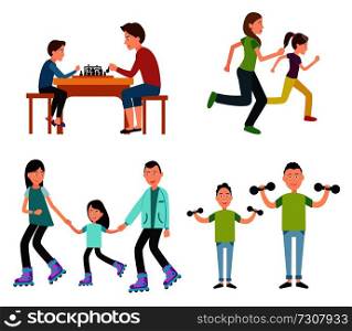 Set of family pictures, vector illustration isolated on white background, mother running with daughter, father playing chess with son, sport activity. Set of Family Pictures Color Vector Illustration