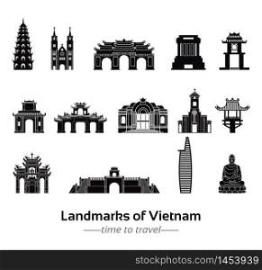 set of famous landmarks of Vietnam silhouette style with black and white classic color design,vector illustration