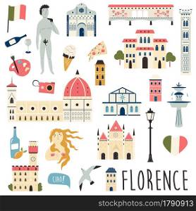 Set of famous symbols and landmarks of Florence Vector bright set of icons. Bright graphic bundle.. Set of famous symbols and landmarks of Florence Vector bright set of icons