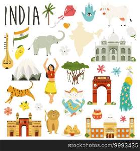 Set of famous symbols, landmarks, animals of India. Vector flat collection.. Set of famous symbols, landmarks, animals of India. Vector flat collection