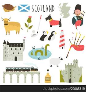 Set of famous symbols of Scotland. Vector collection of colorful icons. Set of famous symbols, icons of Scotland