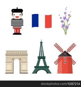 Set of famouse elements and landscapes of France. Vector illustration