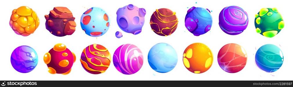 Set of fantastic alien planets, cartoon asteroids, galaxy ui game cosmic world objects, space design elements. Pimpled spheres, comets, moon with craters on surface, plasma and ice Vector illustration. Set of fantastic alien planets, cartoon asteroids