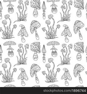 Set of fantasy black and white psychedelic, hallucinogenic doddle mushrooms. Zen art creative design collection. Vector illustration. Seamless pattern.