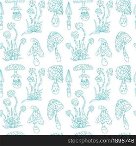 Set of fantasy blue outline psychedelic, hallucinogenic doddle mushrooms. Zen art creative design collection on white background. Vector illustration. Seamless pattern.
