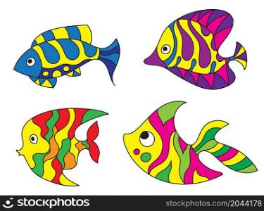 Set of fantasy colorful psychedelic, creative doddle fish. Zen art creative design collection on white background. Vector illustration.