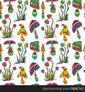 Set of fantasy colorful psychedelic, hallucinogenic doddle mushrooms. Zen art creative design collection on white background. Vector illustration. Seamless pattern.