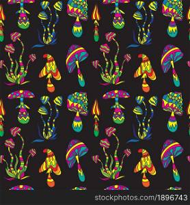Set of fantasy colorful psychedelic, hallucinogenic doddle mushrooms. Zen art creative design collection on black background. Vector illustration. Seamless pattern.