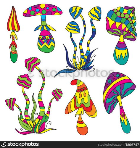 Set of fantasy colorful psychedelic, hallucinogenic doddle mushrooms. Zen art creative design collection on white background. Vector illustration.