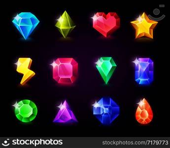 Set of fantasy jewelry gems, stone for game user interface. heart shape and lightning. Vector illustration.. Jewelry gems set magic stone with sparkles for mobile game design. Vector illustration.