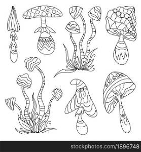 Set of fantasy mushrooms for coloring book. Zen art creative design collection on white background. Vector illustration.