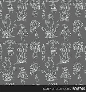 Set of fantasy outline psychedelic, hallucinogenic doddle mushrooms. Zen art creative design collection on grey background. Vector illustration. Seamless pattern.