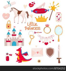 Set of fantasy unicorns and other items fairy tale characters for princess girls.. Set of fantasy unicorns and other items fairy tale characters for princess girls