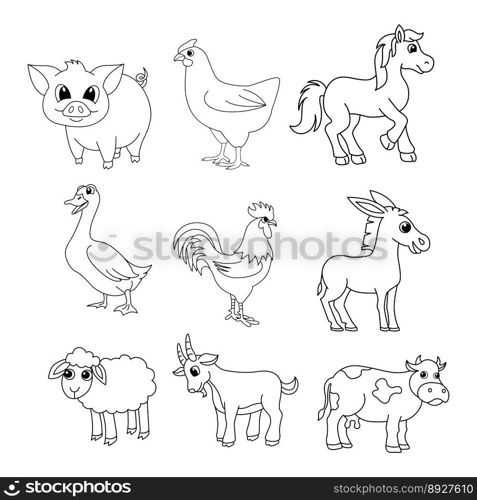 Set of farm animals cartoon coloring page illustration vector. For kids coloring book.