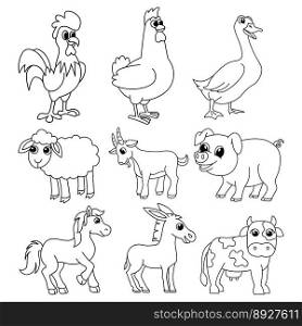 Set of farm animals cartoon coloring page illustration vector. For kids coloring book.
