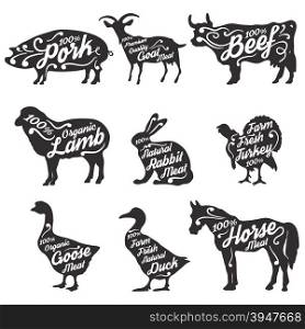 Set of farm animals silhouettes with sample text. Retro styled farm animals silhouettes collection for groceries, meat stores, packaging and advertising. Vector illustration..