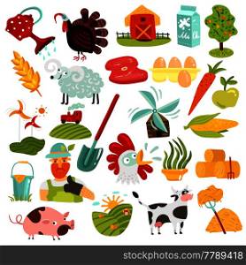 Set of farm elements with green fields and hay, harvest, animals, windmills, fresh products isolated vector illustration . Farm Elements Set