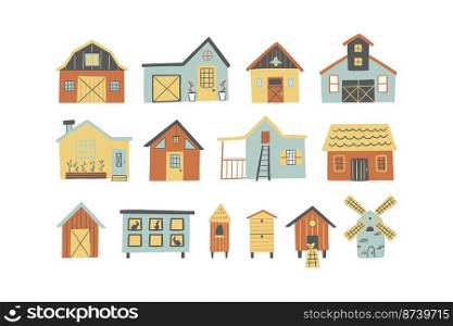 Set of farmhouses, barn,hive, mill isolated on a white background. It can be used for games, books, kids room decorations, and logos. Vector illustration.