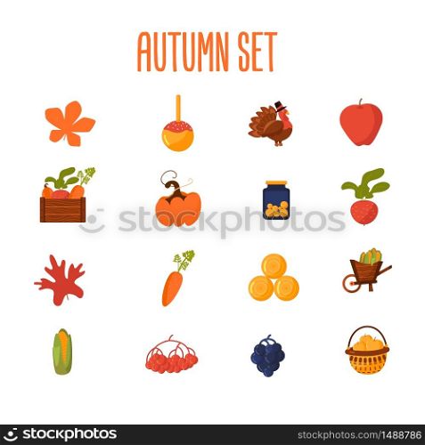 Set of Farming cartoon objects with leaves. pumpkin, harvest box, beetroot, corn, carrot.. Set of Farming cartoon objects with leaves. pumpkin, harvest box, beetroot, corn, carrot