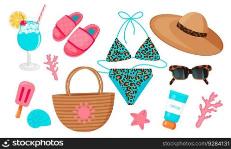 Set of fashion accessories from the sun. Summer set. Blue leopard swimsuit, hat, sunscreen, slippers, sunglasses, coctails, icecream and bag. Cartoon vector illustration. Set of fashion accessories from the sun. Summer set. Blue leopard swimsuit, hat, sunscreen, slippers, sunglasses, coctails, icecream and bag.