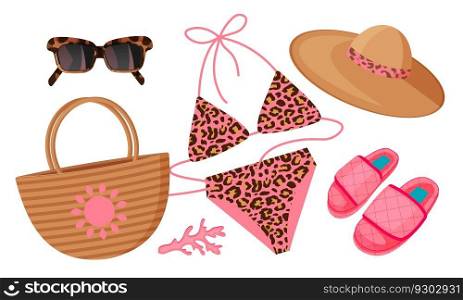 Set of fashion accessories from the sun. Summer set. Leopard pink swimsuit, hat, slippers and sunglasses. Cartoon vector illustration. Set of fashion accessories from the sun. Summer set. Leopard pink swimsuit, hat, slippers and sunglasses.