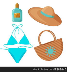 Set of fashion accessories from the sun. Summer set. Blue swimsuit, hat, parfum and bag. Cartoon vector illustration. Set of fashion accessories from the sun. Summer set. Blue swimsuit, hat, parfum and bag.
