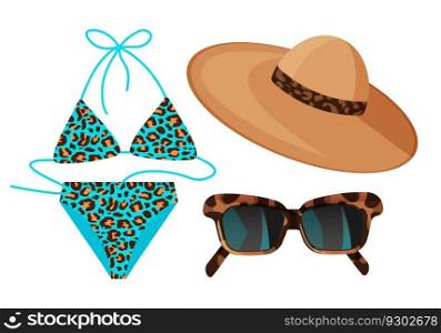Set of fashion accessories from the sun. Summer set. Leopard blue swimsuit, hat and sunglasses. Cartoon vector illustration. Set of fashion accessories from the sun. Summer set. Leopard blue swimsuit, hat and sunglasses.