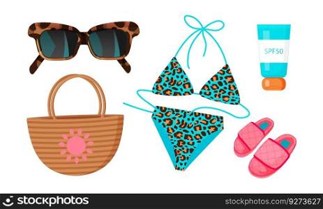 Set of fashion accessories from the sun. Summer set of cute elements blue leopard swimsuit, sunglasses, pink slippers and sunscreen. Cartoon vector illustration. Set of fashion accessories from the sun. Summer set. Blue leopard swimsuit, sunglasses, pink slippers and sunscreen.