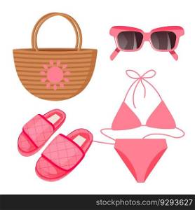 Set of fashion accessories from the sun. Summer set. Pink swimsuit, hat, sunglasses and bag. Cartoon vector illustration. Set of fashion accessories from the sun. Summer set. Pink swimsuit, hat, sunglasses and bag.