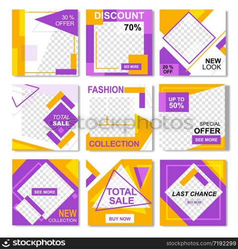 Set of Fashion Instagram Flyers in Geometric Modern Yellow Pink Design. Frame Social Networks Shop Stories. Discounts, Sale Offers, Promo Templates. Vector Illustration for Business. Pack for Fashion Yellow Pink Instagram Flyers