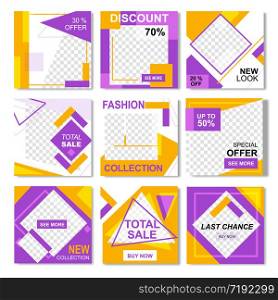 Set of Fashion Instagram Flyers in Geometric Modern Yellow Pink Design. Frame Social Networks Shop Stories. Discounts, Sale Offers, Promo Templates. Vector Illustration for Business. Pack for Fashion Yellow Pink Instagram Flyers