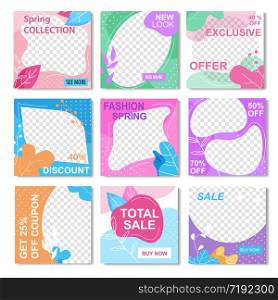 Set of Fashion Instagram Spring Sale Flyers in Floral Style. Exclusive Offers up to 50, 70 Percent, Total Sale Promo Vector Illustration. Discount, Get Off Coupon Media Stories Template. Promo Pack Fashion Instagram Spring Sale Flyers