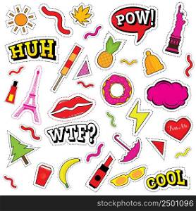 Set of Fashion Patch Badges with Lips, Heart and Other Elements. Vector Illustration.