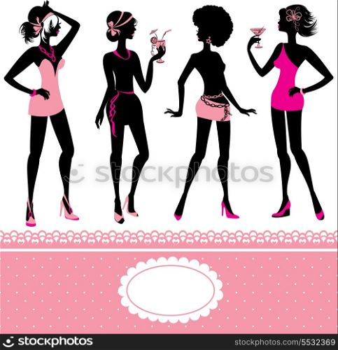 Set of fashionable girls silhouettes on a white background. Party or holiday design elements.