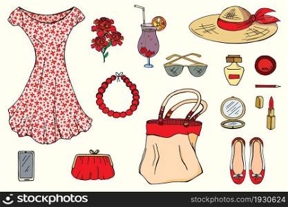 Set of fashionable summer women's clothing. Vector elements.