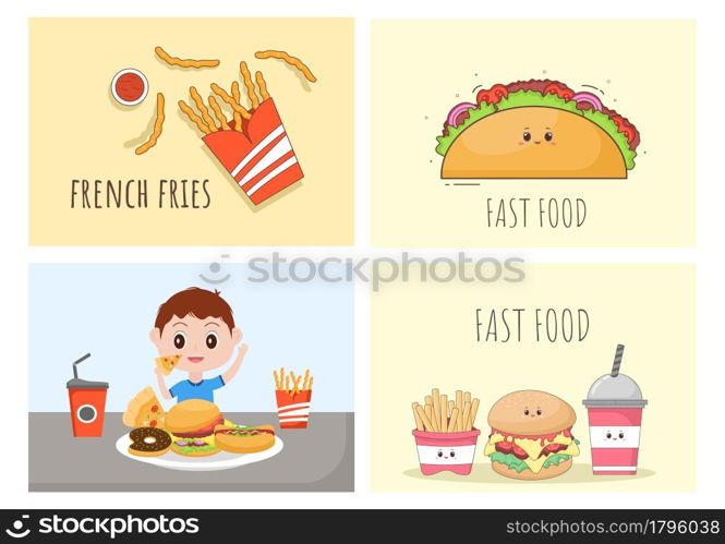 Set of Fast food Background Vector Illustration With Foods For Burger, Pizza, Donuts, French Fries, Hot Dog or Cola. Meal Unhealthy And Not Nutritious