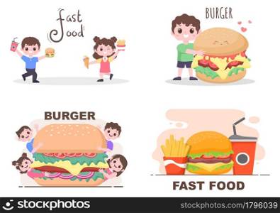 Set of Fast food Background Vector Illustration With Foods For Burger, Pizza, Donuts, French Fries, Hot Dog or Cola. Meal Unhealthy And Not Nutritious