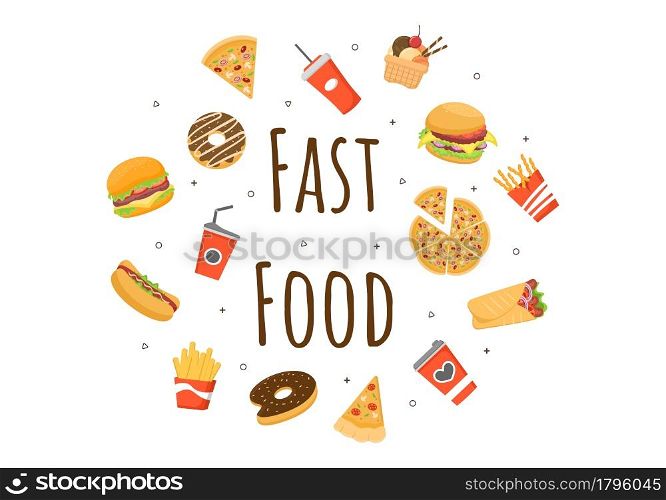 Set of Fast food Background Vector Illustration With Foods For Burger, Pizza, Donuts, French Fries, Hot Dog or Cola. Meal Unhealthy And Not Nutritious