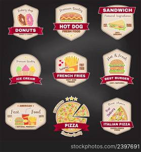Set of fast food badges, banners or logos, emblems. Elements on the theme of the restaurant business. Vector illustration.. Set of vintage fast food badge, banner or logo emblem.