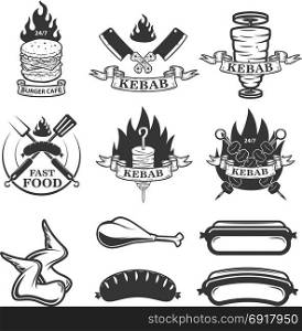 Set of fast food emblems and design elements. Doner kebab. Design elements for logo, label, emblem, sign. Vector illustration