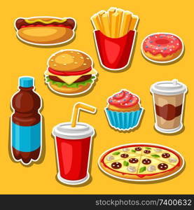 Set of fast food meal. Tasty fastfood lunch collection.. Set of fast food meal.