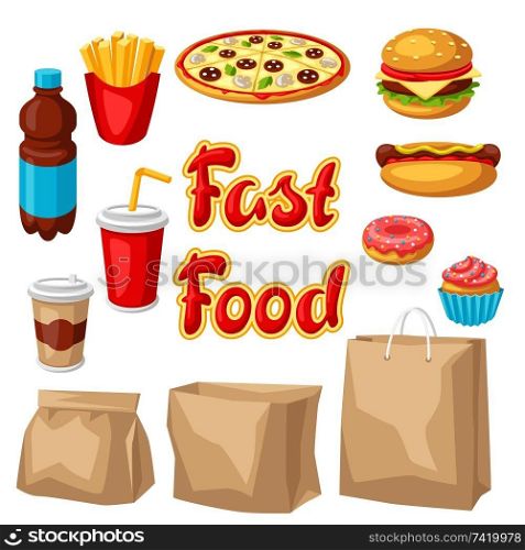 Set of fast food meal. Tasty fastfood lunch collection.. Set of fast food meal.