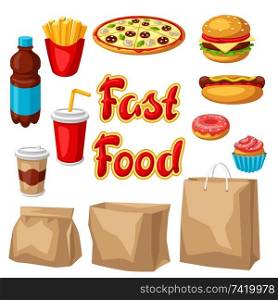 Set of fast food meal. Tasty fastfood lunch collection.. Set of fast food meal.