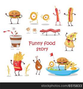Set of fast food products for restaurant menu illustrating, diet concept. Smiling and dancing pizza, hotdog, chicken, hamburger, french fries, bacon, egg, onion ring, coffee, sugar flat vectors . Set of Fast Food Products Vector in Flat Design. Set of Fast Food Products Vector in Flat Design