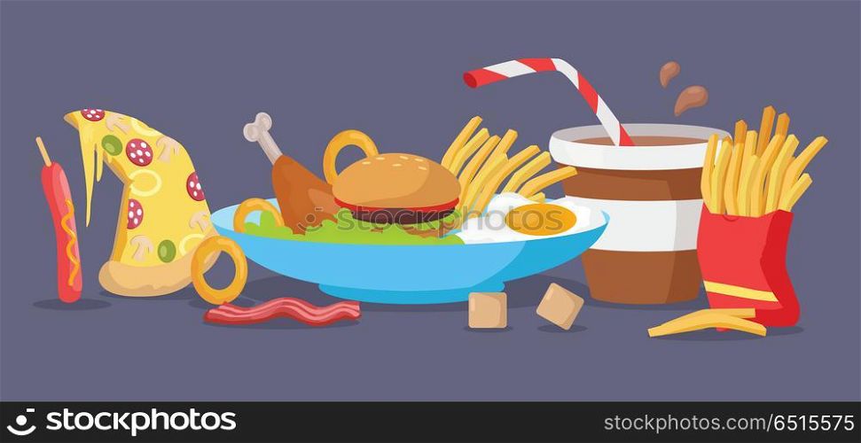 Set of fast food products for restaurants menu illustrating, diet concepts. Pizza, hot dog, chicken thigh, hamburger, french frie, bacon, egg, onion ring, salad, coffee, sugar vectors in flat design. Set of Fast Food Products Vector in Flat Design. Set of Fast Food Products Vector in Flat Design