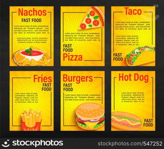 Set of fast food shop menu pages.Collection of fries,pizza,hot dog,burger,nachos,taco flyers, banners for cafeteris,restaurant.Posters for truck advertise.Template for your design.Vector illustration.. Set of fast food shop menu pages.